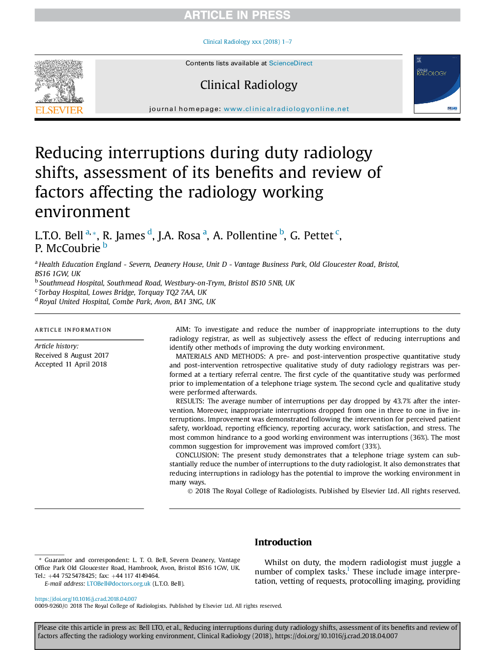 Reducing interruptions during duty radiology shifts, assessment of its benefits and review of factors affecting the radiology working environment