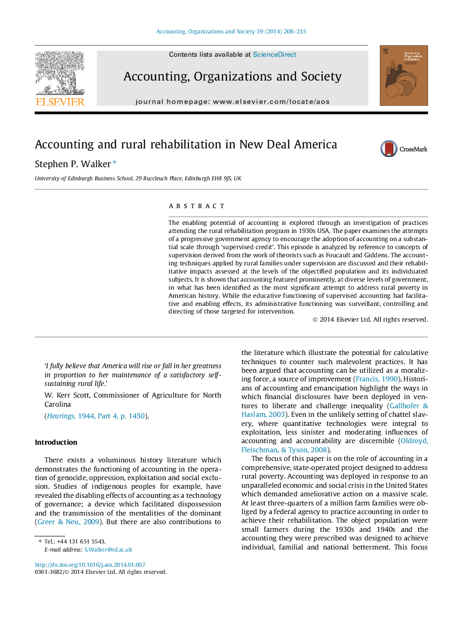 عکس صفحه اول مقاله: Accounting and rural rehabilitation in New Deal America Accounting and rural rehabilitation in New Deal America