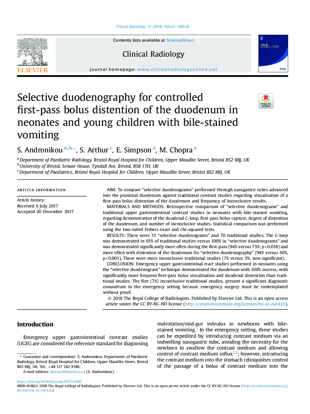 Selective duodenography for controlled first-pass bolus distention of the duodenum in neonates and young children with bile-stained vomiting