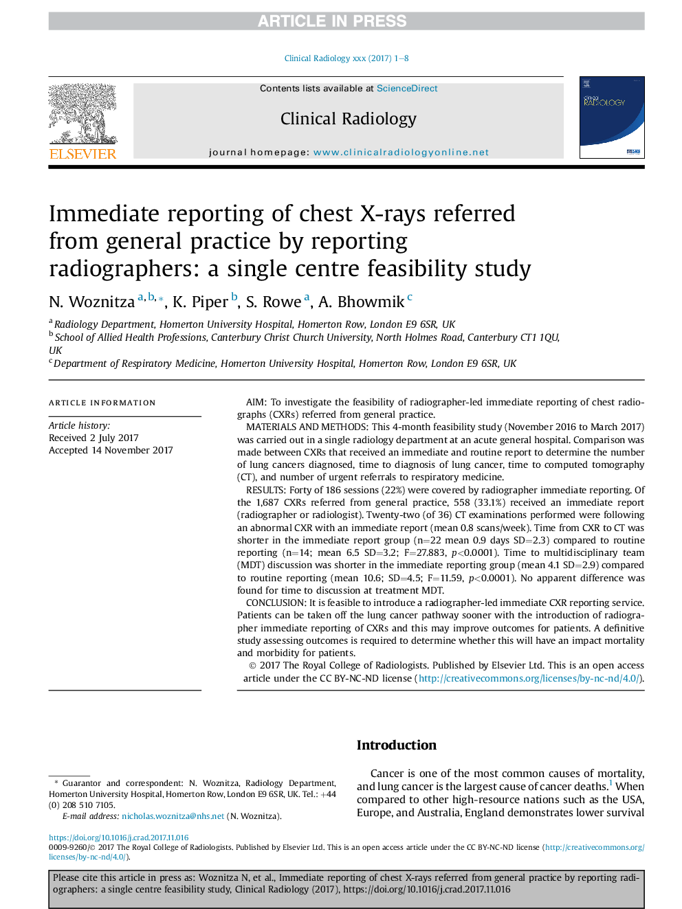 Immediate reporting of chest X-rays referred from general practice by reporting radiographers: a single centre feasibility study