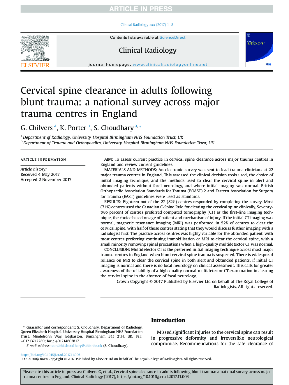 Cervical spine clearance in adults following blunt trauma: a national survey across major trauma centres in England