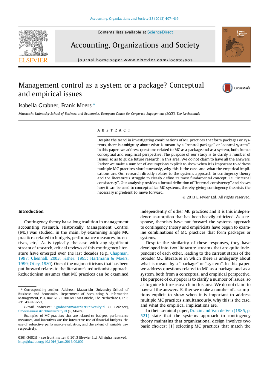 Management control as a system or a package? Conceptual and empirical issues