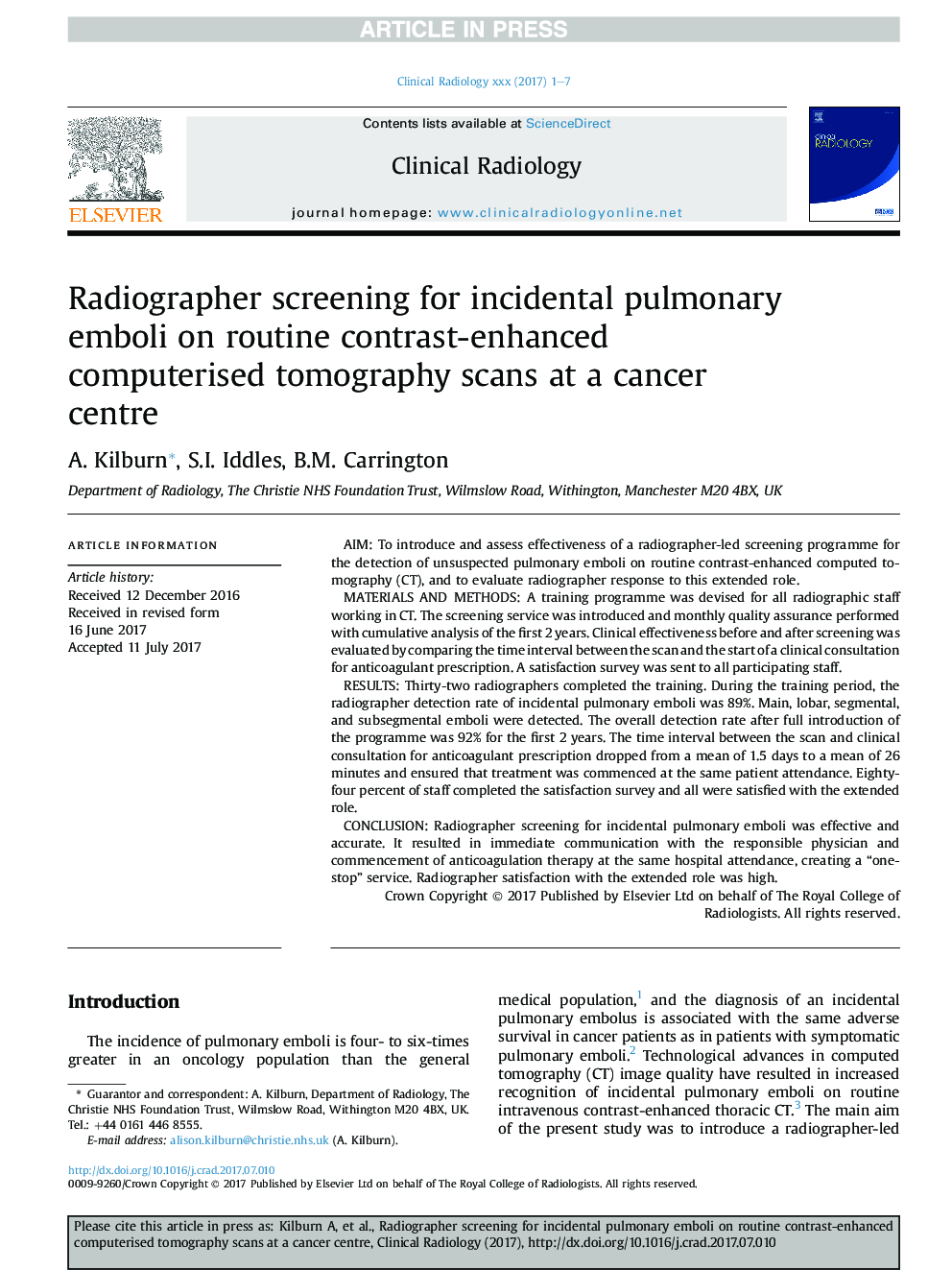Radiographer screening for incidental pulmonary emboli on routine contrast-enhanced computerised tomography scans at a cancer centre