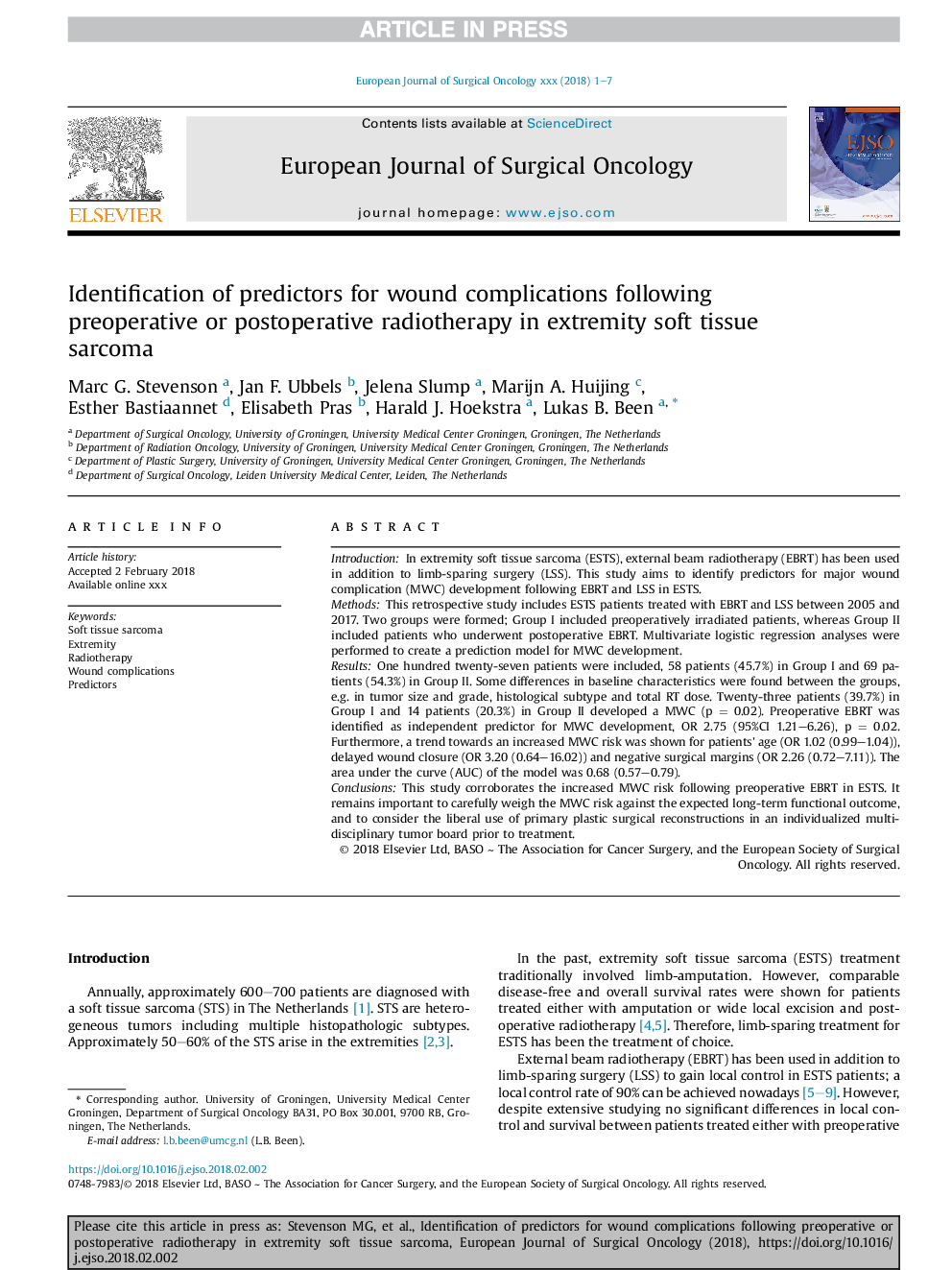 Identification of predictors for wound complications following preoperative or postoperative radiotherapy in extremity soft tissue sarcoma