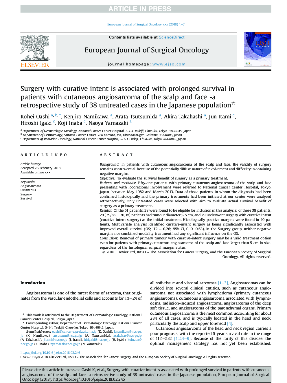 Surgery with curative intent is associated with prolonged survival in patients with cutaneous angiosarcoma of the scalp and face -a retrospective study of 38 untreated cases in the Japanese population