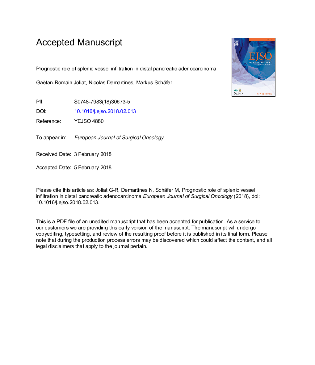 Prognostic role of splenic vessel infiltration in distal pancreatic adenocarcinoma