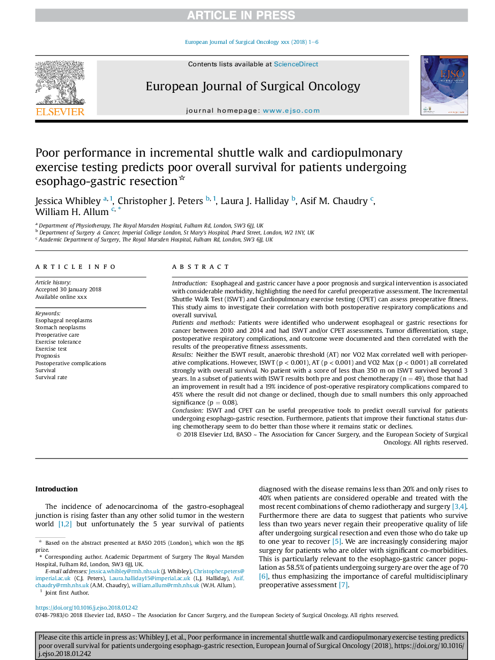 Poor performance in incremental shuttle walk and cardiopulmonary exercise testing predicts poor overall survival for patients undergoing esophago-gastric resection