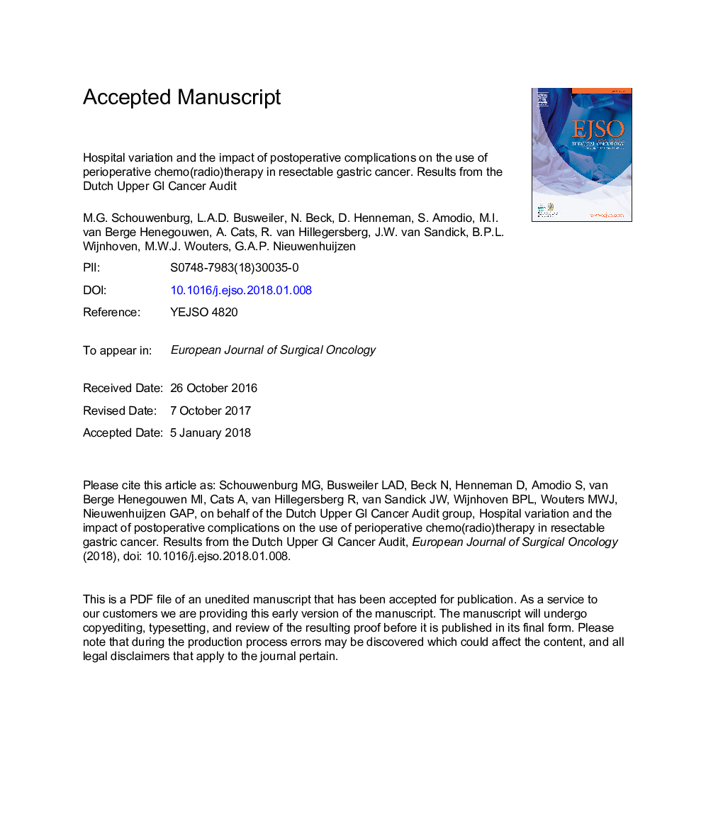 Hospital variation and the impact of postoperative complications on the use of perioperative chemo(radio)therapy in resectable gastric cancer. Results from the Dutch Upper GI Cancer Audit