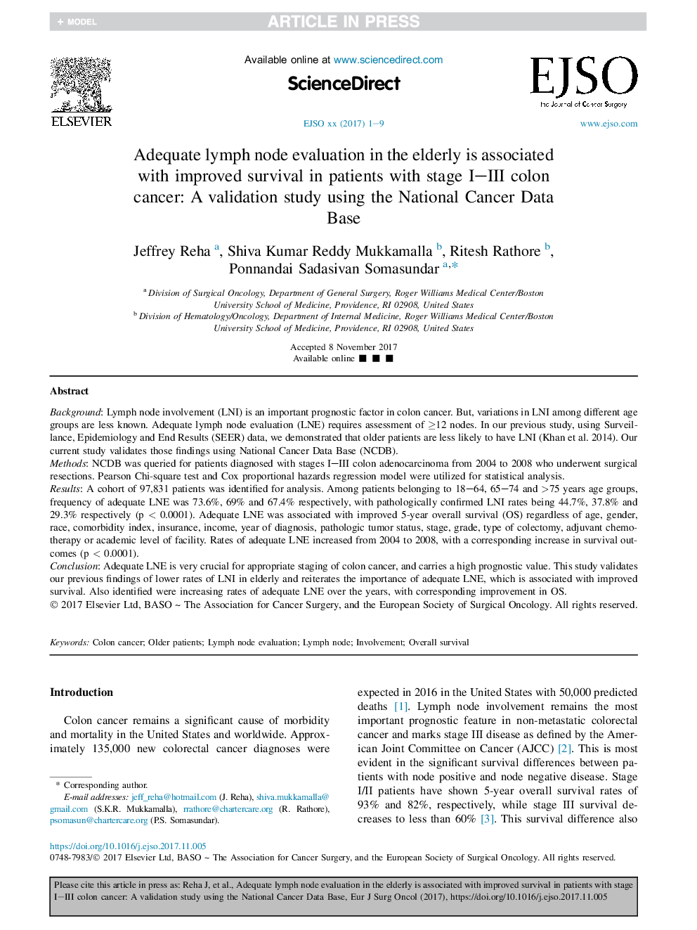 Adequate lymph node evaluation in the elderly is associated with improved survival in patients with stage I-III colon cancer: A validation study using the National Cancer Data Base