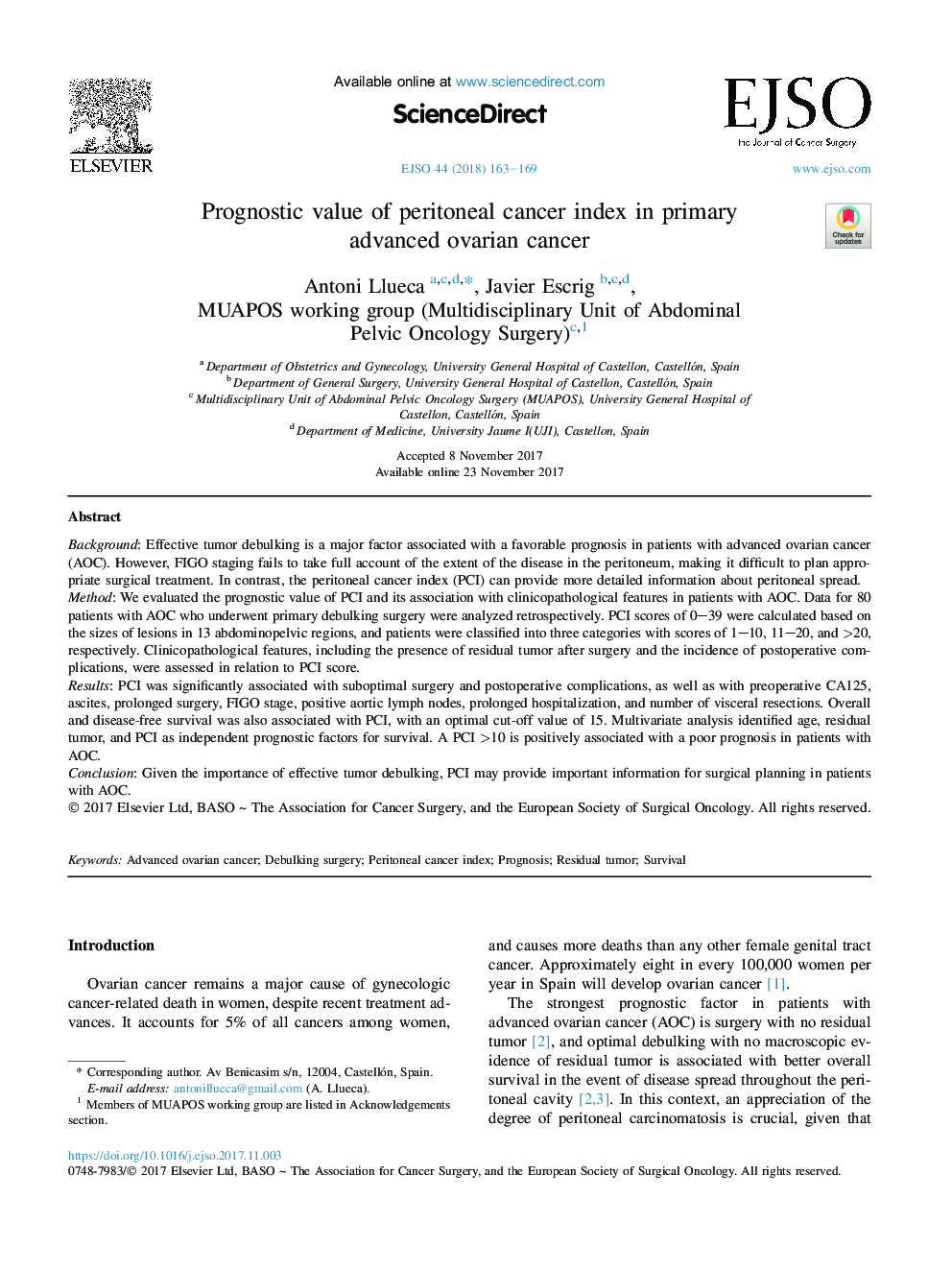 Prognostic value of peritoneal cancer index in primary advanced ovarian cancer