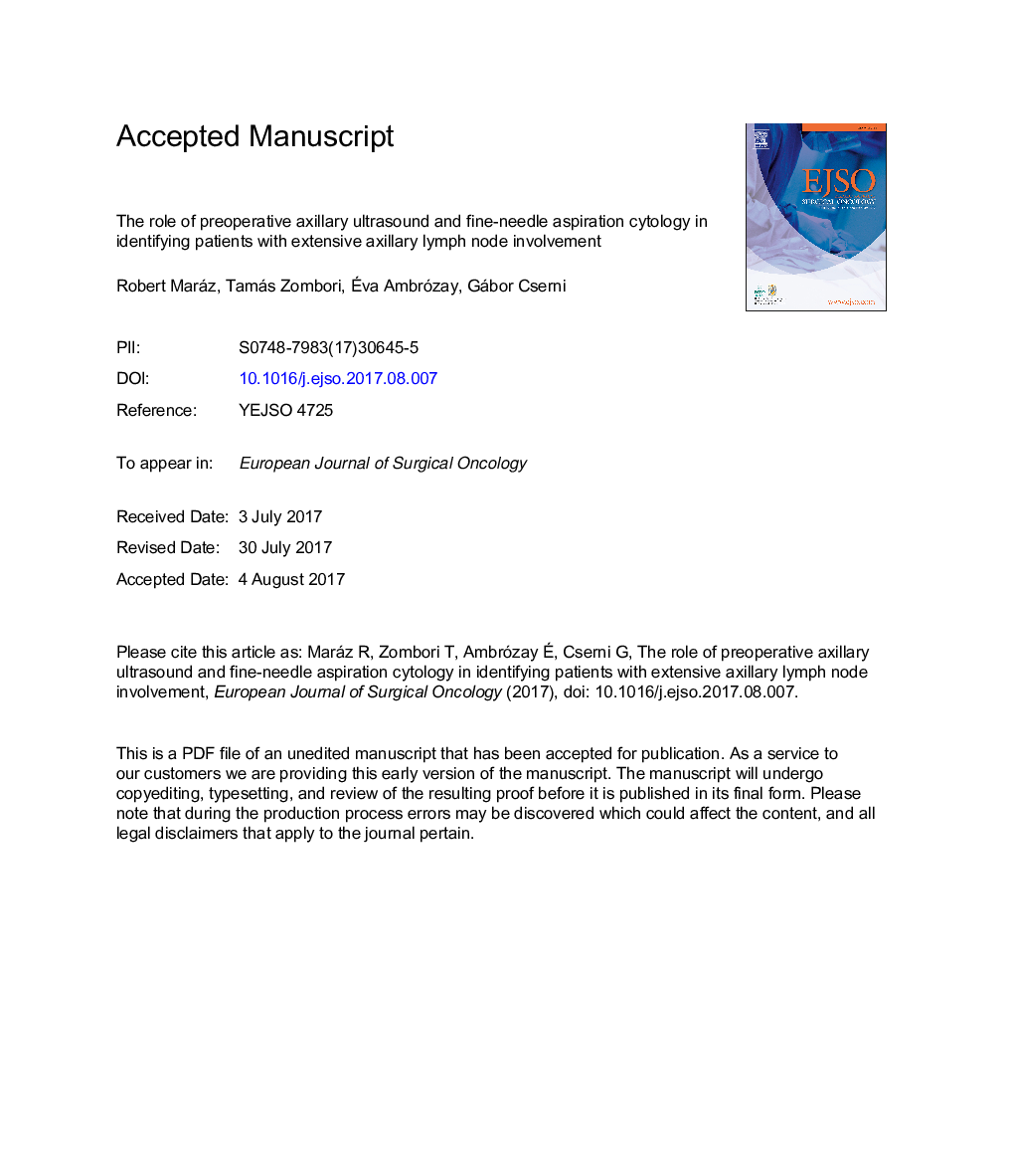 نقش سیتولوژی آسپیراسیون سونوگرافی زیر سینوسی قبل از عمل جراحی در شناسایی بیماران مبتلا به گره لنفاوی زیر بغل گسترده 