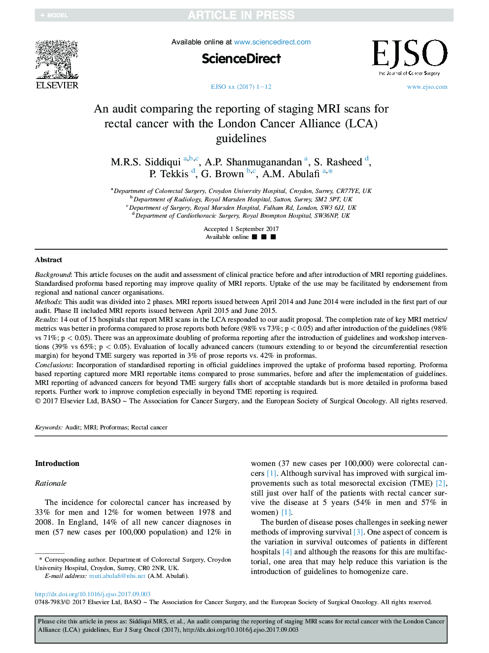 An audit comparing the reporting of staging MRI scans for rectal cancer with the London Cancer Alliance (LCA) guidelines