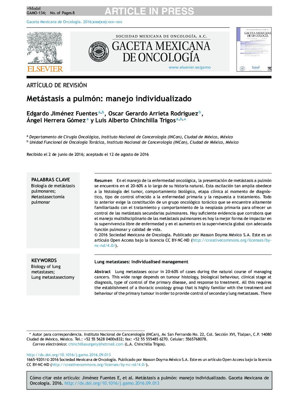 Metástasis a pulmón: manejo individualizado