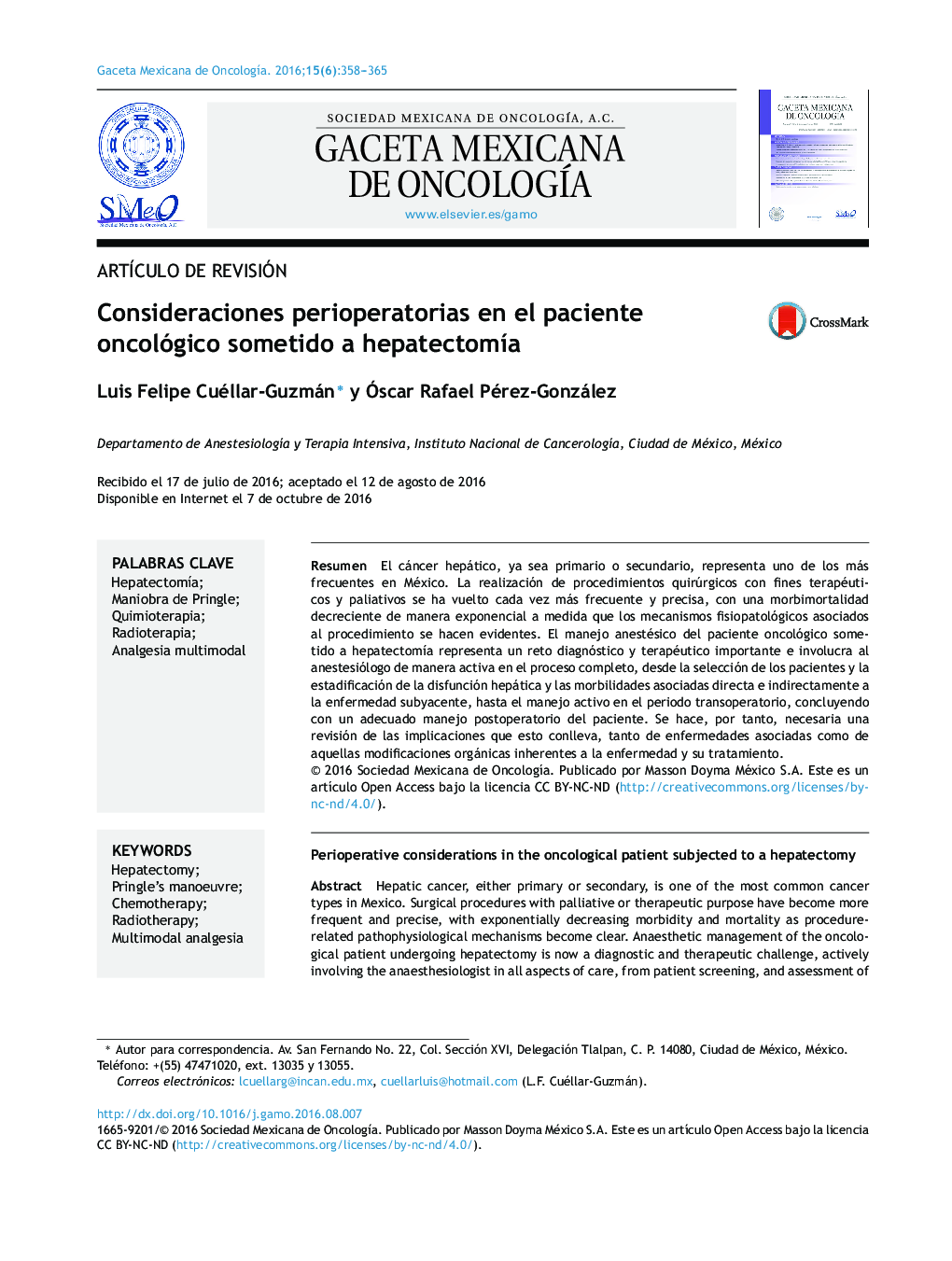 Consideraciones perioperatorias en el paciente oncológico sometido a hepatectomÃ­a