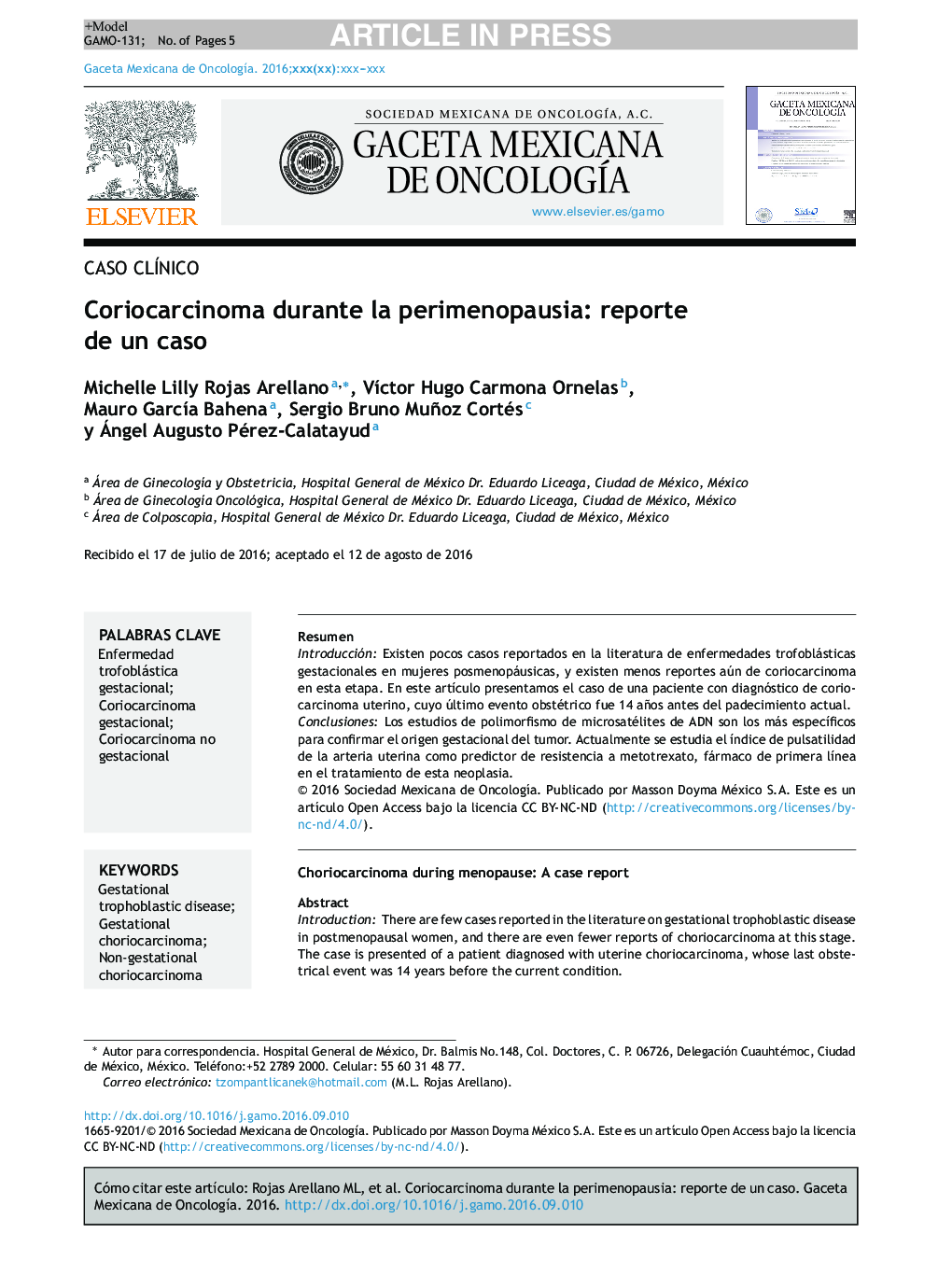 Coriocarcinoma durante la perimenopausia: reporte de un caso