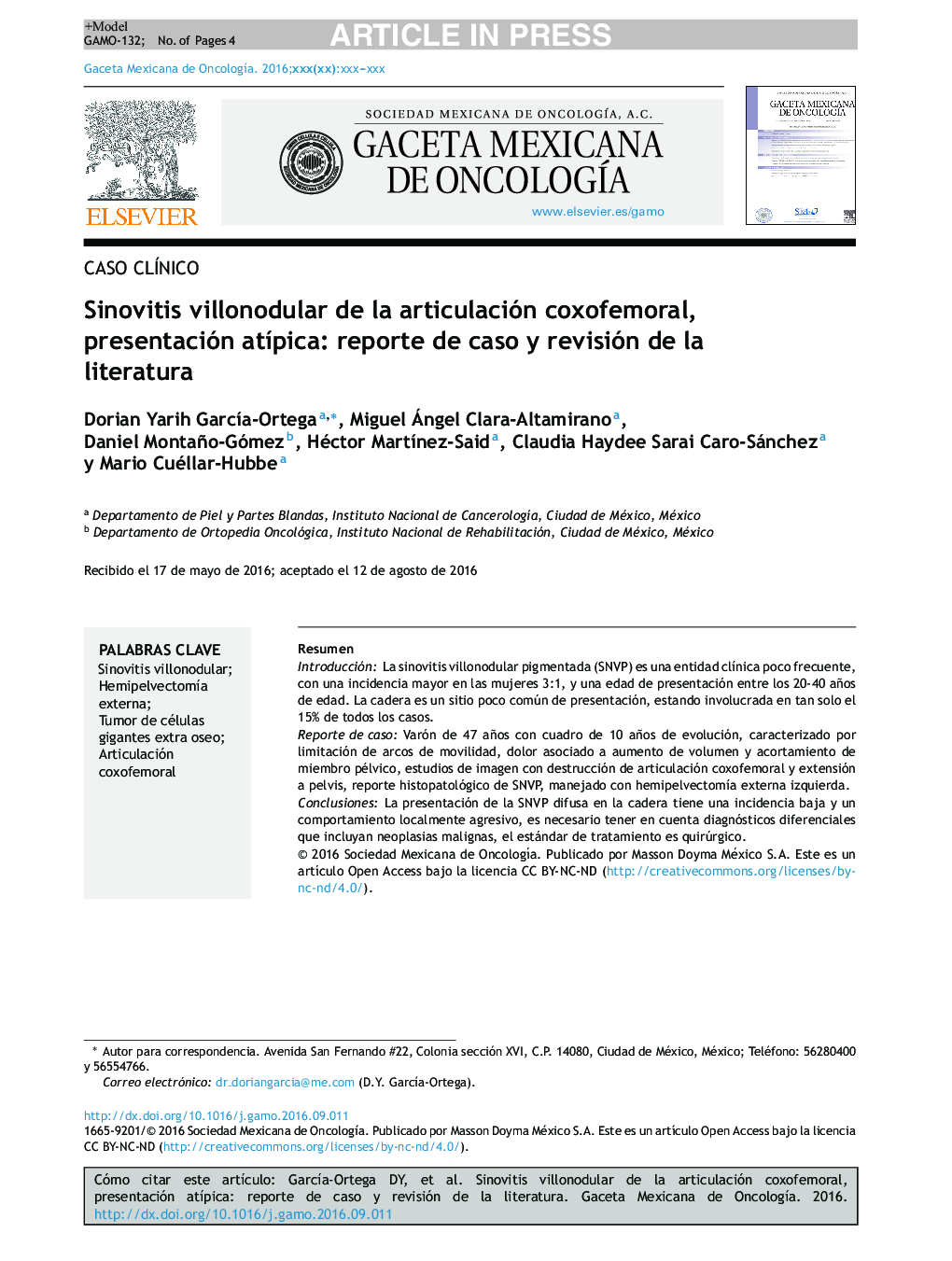 Sinovitis villonodular de la articulación coxofemoral, presentación atÃ­pica: reporte de caso y revisión de la literatura