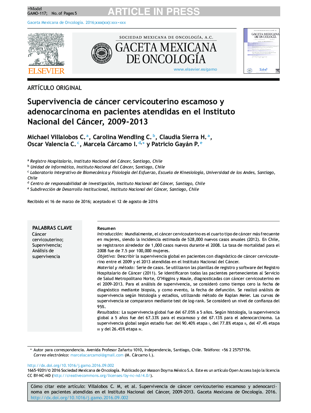 Supervivencia de cáncer cervicouterino escamoso y adenocarcinoma en pacientes atendidas en el Instituto Nacional del Cáncer, 2009-2013