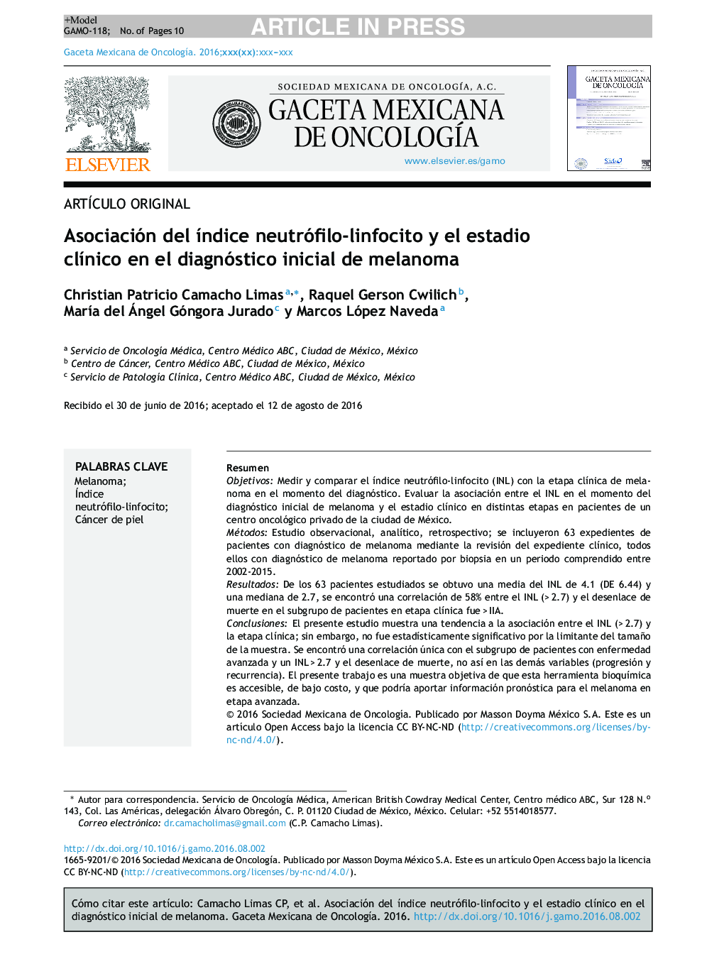 Asociación del Ã­ndice neutrófilo-linfocito y el estadio clÃ­nico en el diagnóstico inicial de melanoma