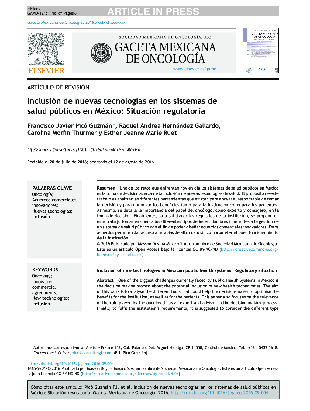 Inclusión de nuevas tecnologÃ­as en los sistemas de salud públicos en México: situación regulatoria