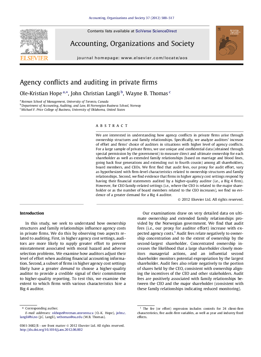 عکس صفحه اول مقاله: Agency conflicts and auditing in private firms Agency conflicts and auditing in private firms