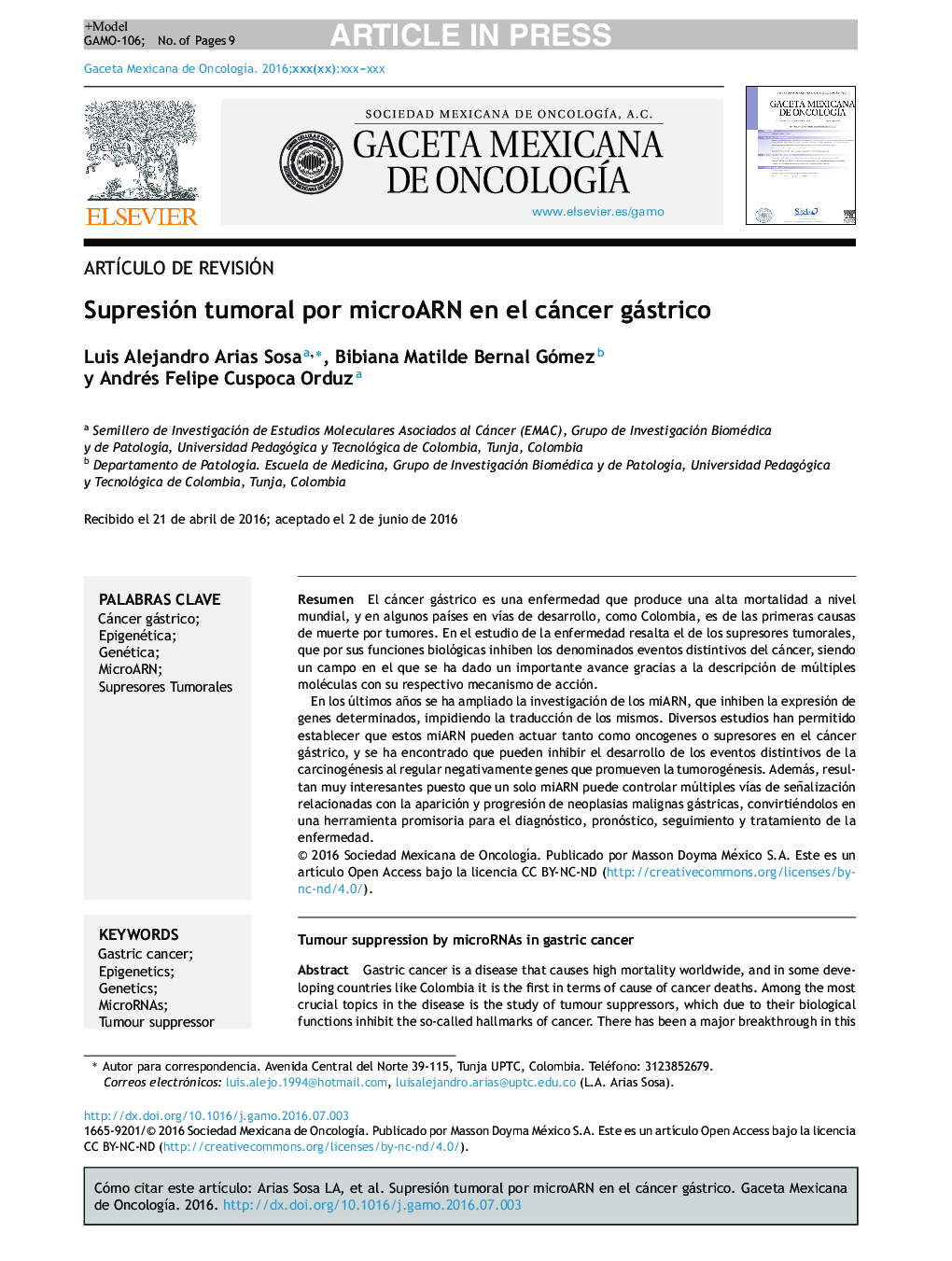 Supresión tumoral por microARN en el cáncer gástrico
