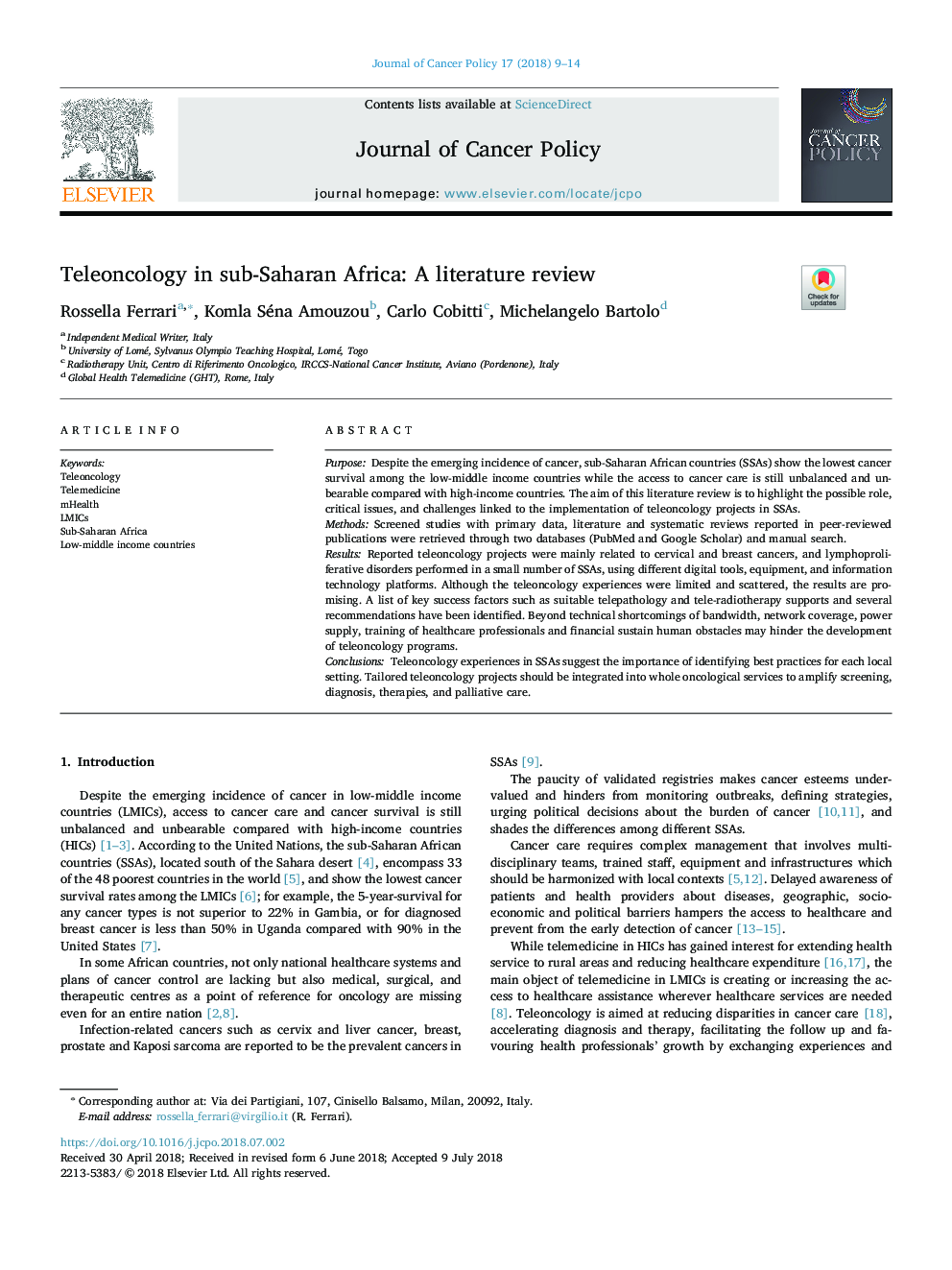 Teleoncology in sub-Saharan Africa: A literature review