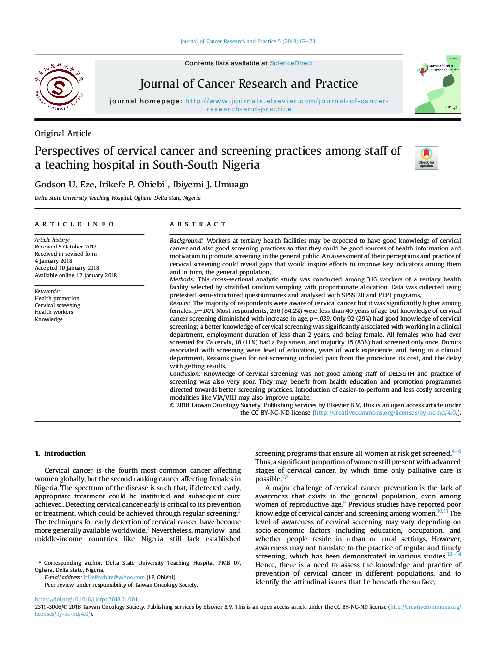 چشم انداز سرطان دهانه رحم و شیوه های غربالگری در میان کارکنان یک بیمارستان آموزشی در نیجریه جنوبی 
