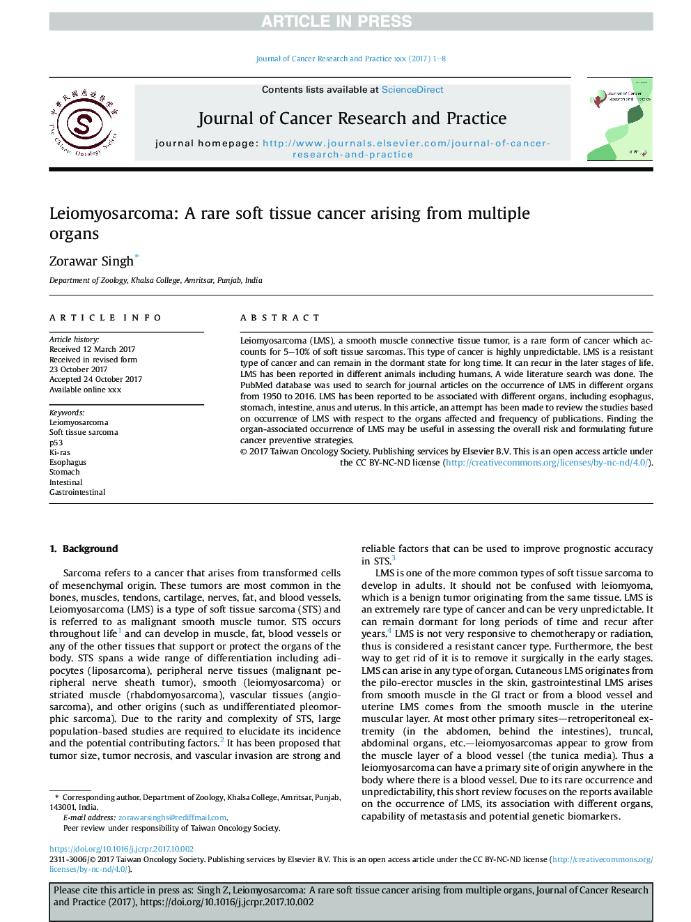 Leiomyosarcoma: A rare soft tissue cancer arising from multiple organs