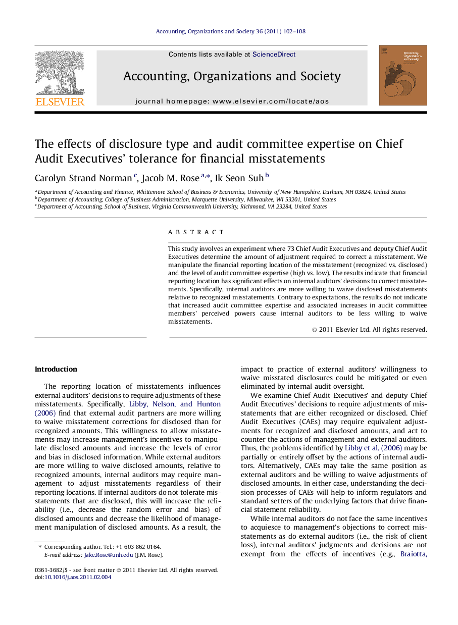 عکس صفحه اول مقاله: The effects of disclosure type and audit committee expertise on Chief Audit Executives’ tolerance for financial misstatements The effects of disclosure type and audit committee expertise on Chief Audit Executives’ tolerance for financial misstatements