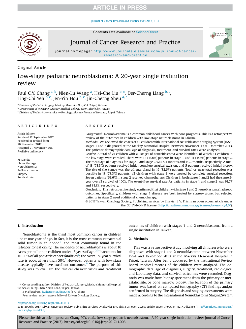 Low-stage pediatric neuroblastoma: A 20-year single institution review