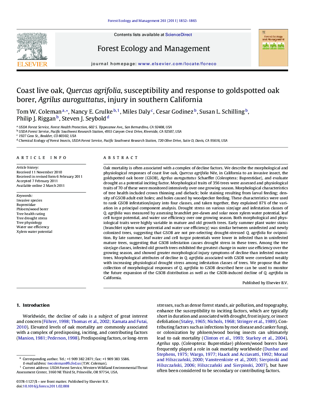 Coast live oak, Quercus agrifolia, susceptibility and response to goldspotted oak borer, Agrilus auroguttatus, injury in southern California