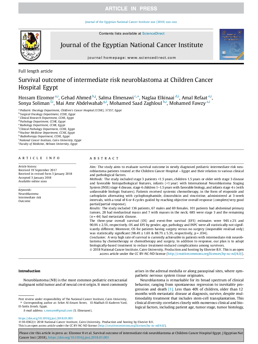 Survival outcome of intermediate risk neuroblastoma at Children Cancer Hospital Egypt