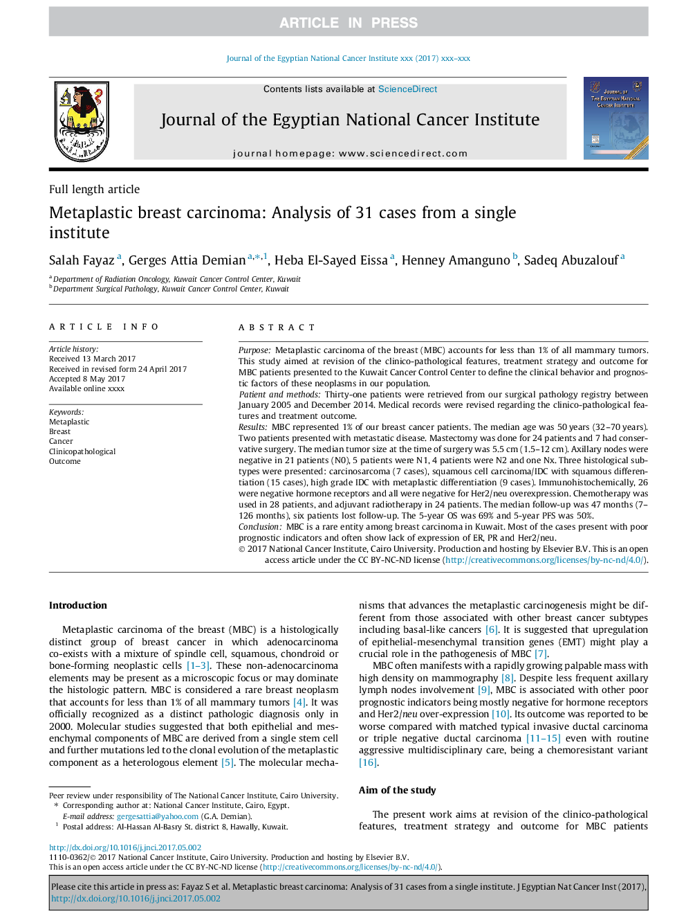 Metaplastic breast carcinoma: Analysis of 31 cases from a single institute