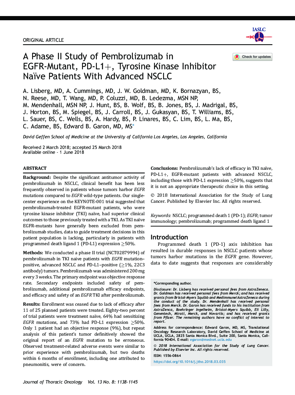 A Phase II Study of Pembrolizumab in EGFR-Mutant, PD-L1+, Tyrosine Kinase Inhibitor Naïve Patients With Advanced NSCLC