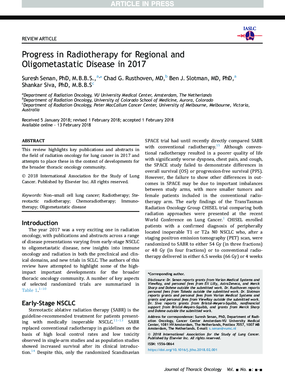 Progress in Radiotherapy for Regional and Oligometastatic Disease in 2017