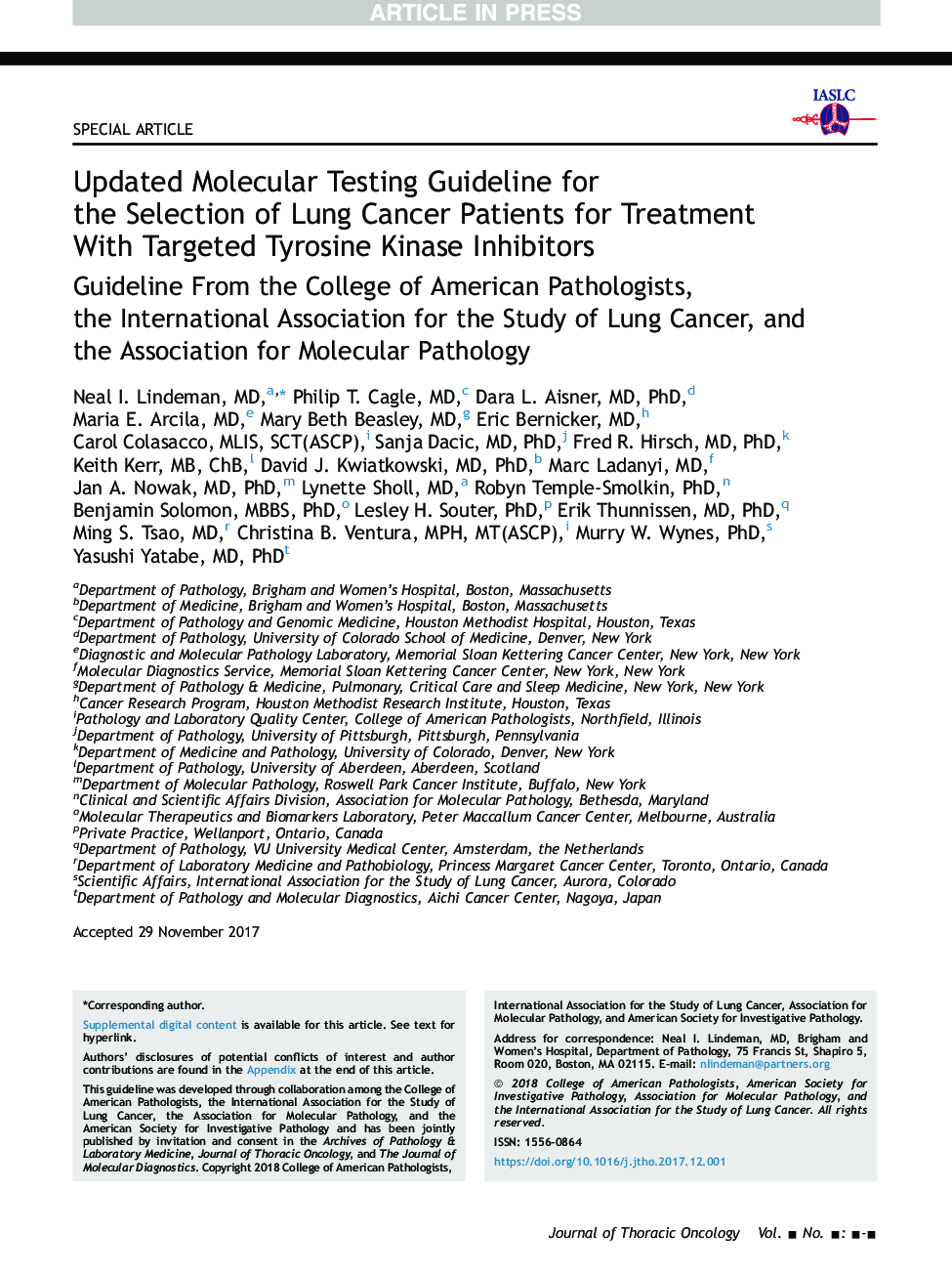 Updated Molecular Testing Guideline for theÂ Selection of Lung Cancer Patients for Treatment With Targeted Tyrosine Kinase Inhibitors