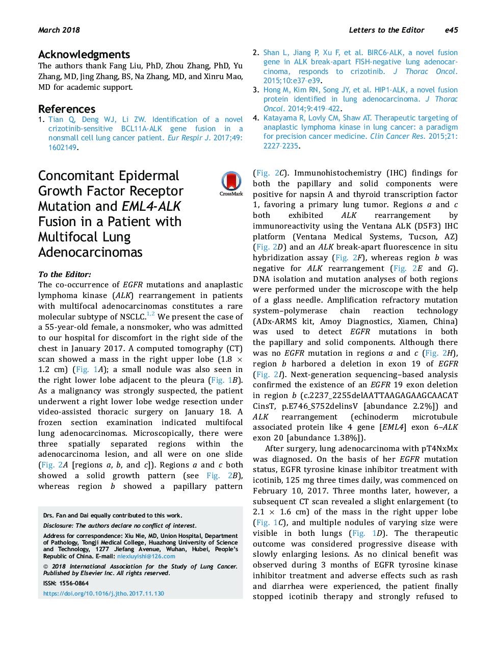 Concomitant Epidermal Growth Factor Receptor Mutation and EML4-ALK Fusion in a Patient with Multifocal Lung Adenocarcinomas