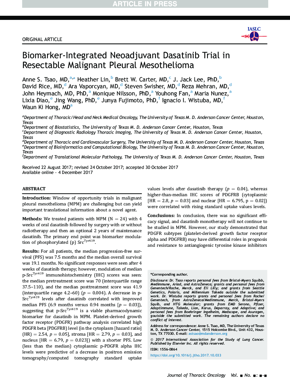 Biomarker-Integrated Neoadjuvant Dasatinib Trial in Resectable Malignant Pleural Mesothelioma