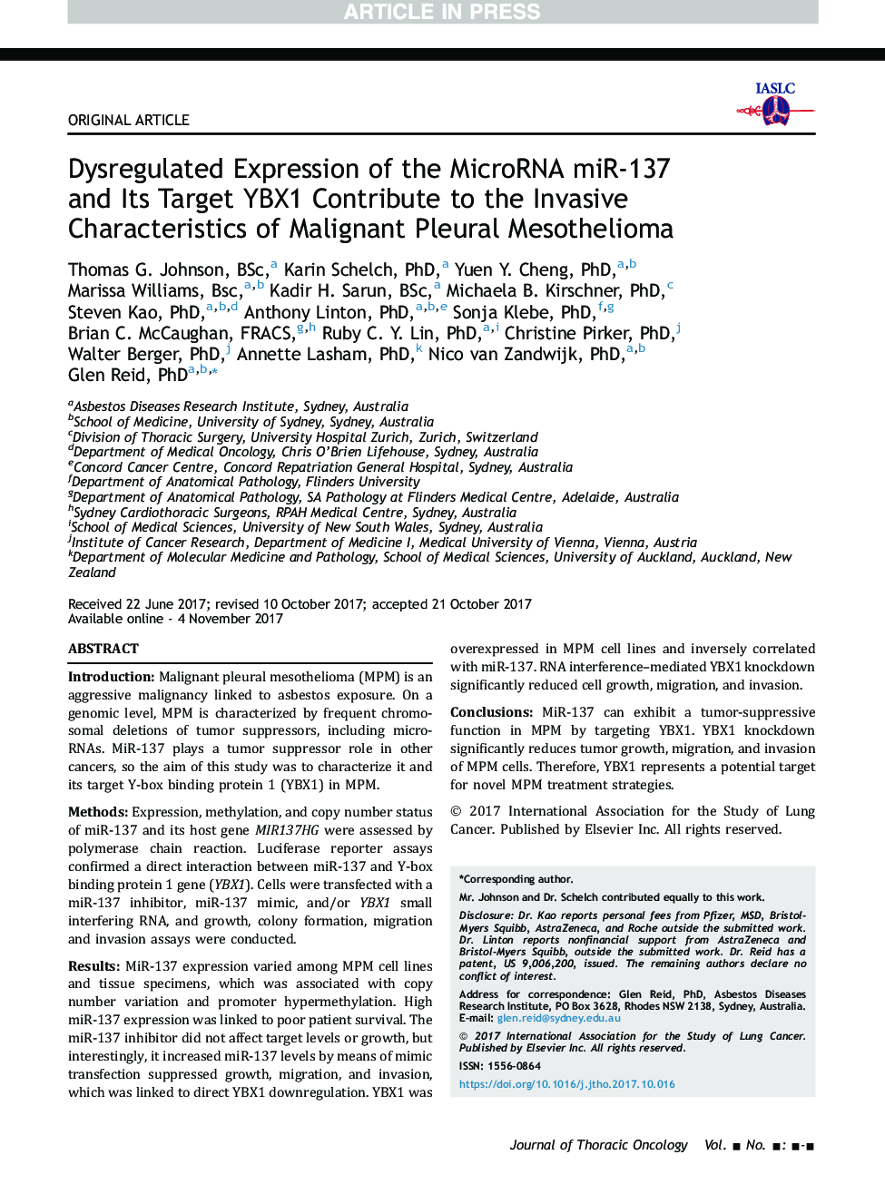 Dysregulated Expression of the MicroRNA miR-137 and Its Target YBX1 Contribute to the Invasive Characteristics of Malignant Pleural Mesothelioma