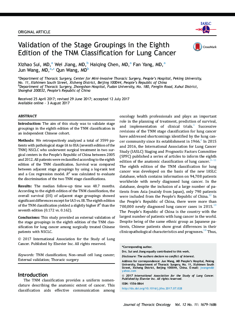 Validation of the Stage Groupings in the Eighth Edition of the TNM Classification for Lung Cancer