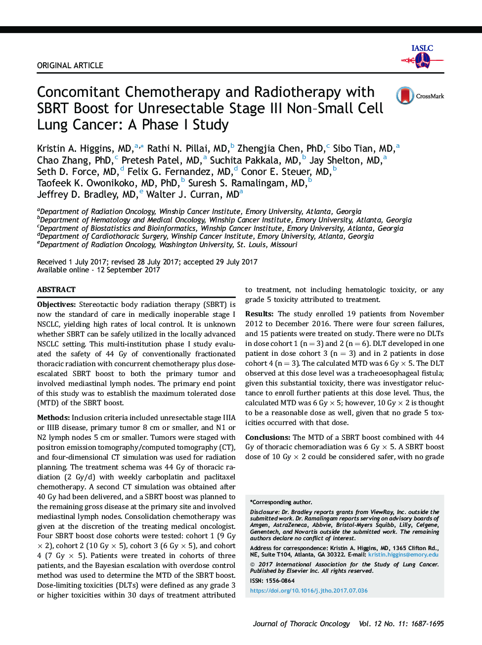 Concomitant Chemotherapy and Radiotherapy with SBRT Boost for Unresectable Stage III Non-Small Cell Lung Cancer: A Phase I Study