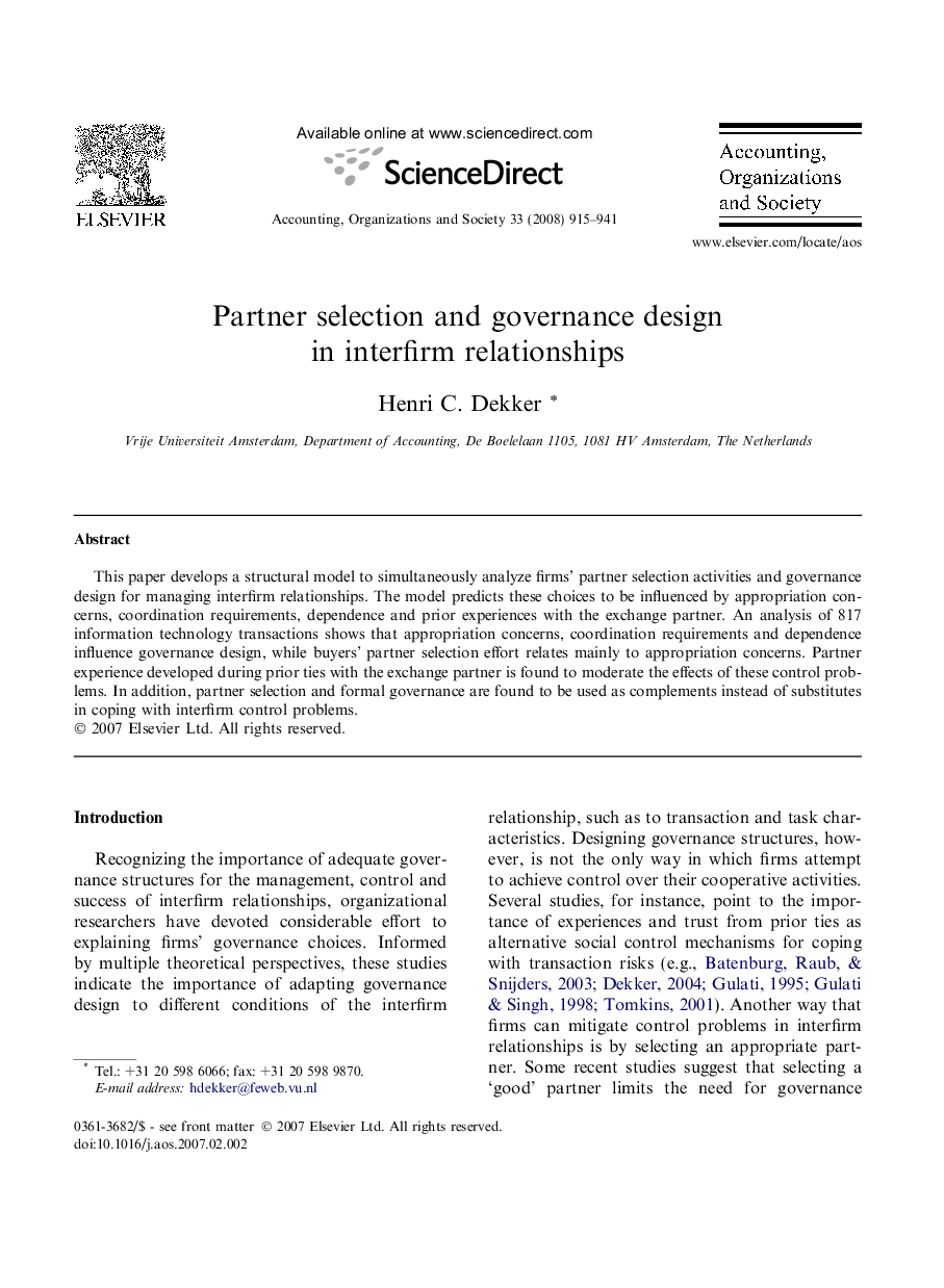 عکس صفحه اول مقاله: Partner selection and governance design in interfirm relationships Partner selection and governance design in interfirm relationships