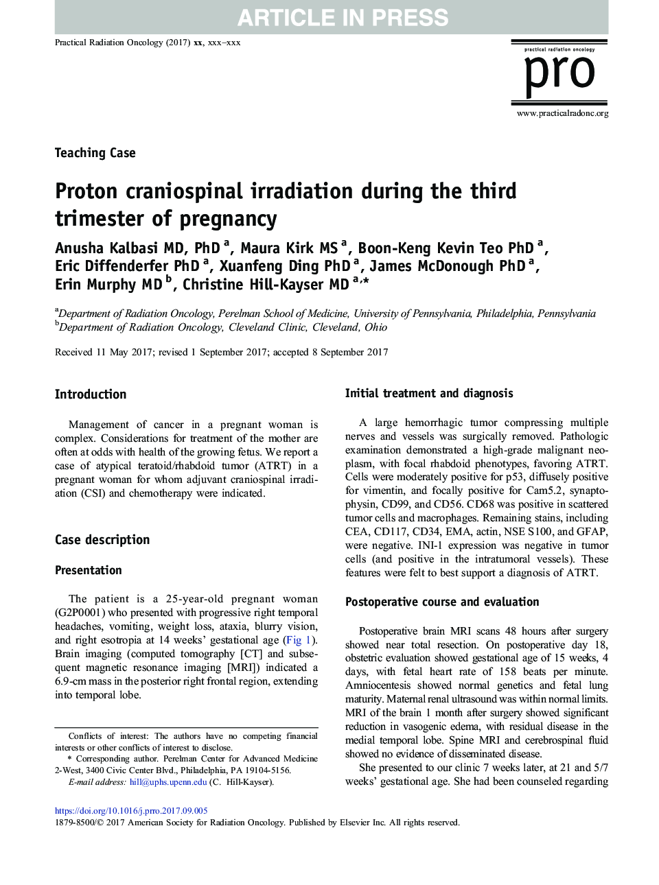 Proton craniospinal irradiation during the third trimester of pregnancy