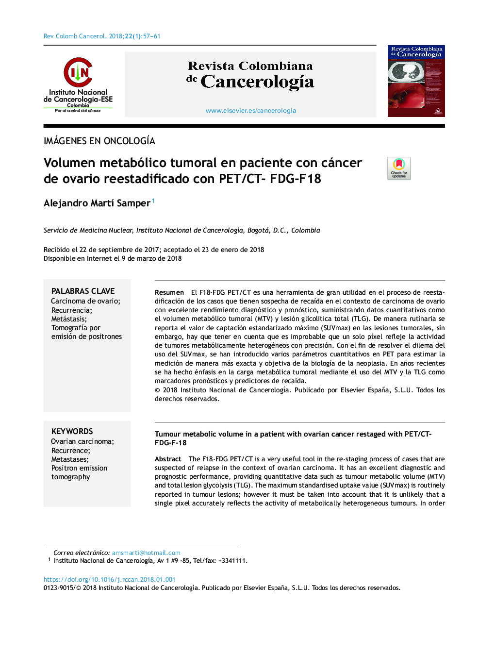 Volumen metabólico tumoral en paciente con cáncer de ovario reestadificado con PET/CT- FDG-F18