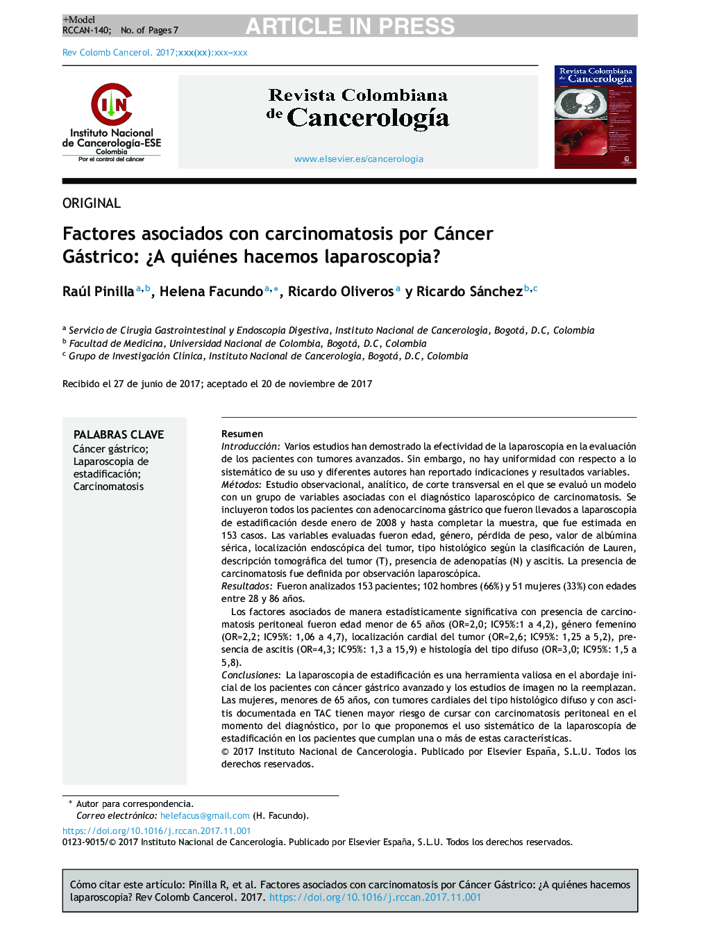 Factores asociados con carcinomatosis por Cáncer Gástrico: Â¿A quiénes hacemos laparoscopia?