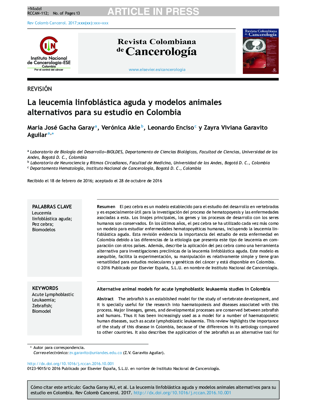 La leucemia linfoblástica aguda y modelos animales alternativos para su estudio en Colombia