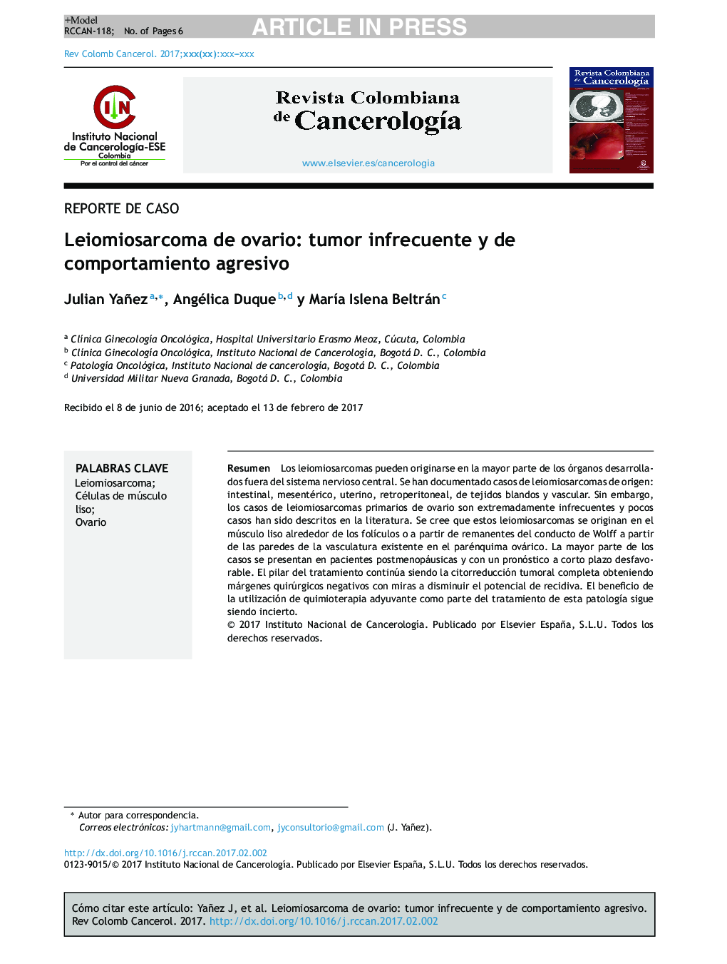 Leiomiosarcoma de ovario: tumor infrecuente y de comportamiento agresivo