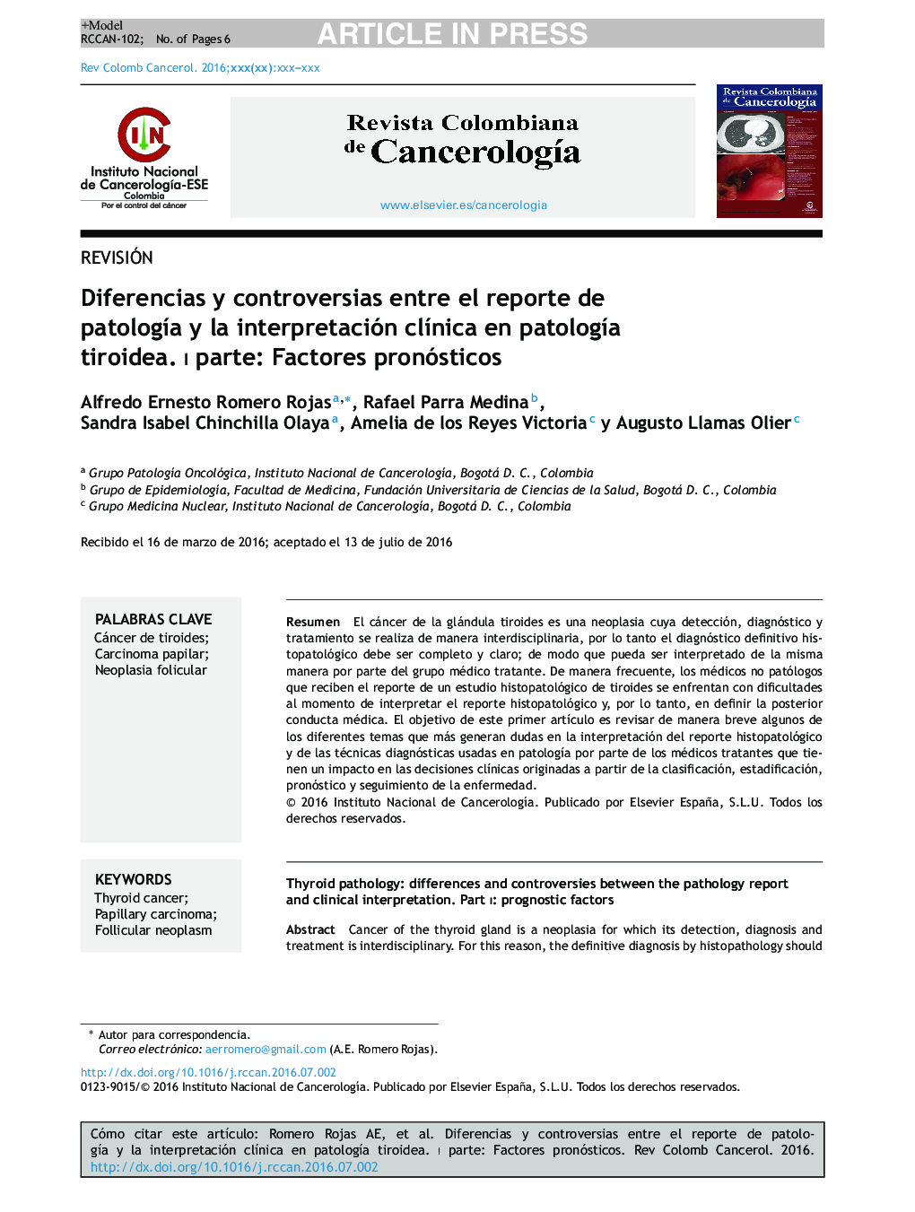 Diferencias y controversias entre el reporte de patologÃ­a y la interpretación clÃ­nica en patologÃ­a tiroidea. I parte: Factores pronósticos