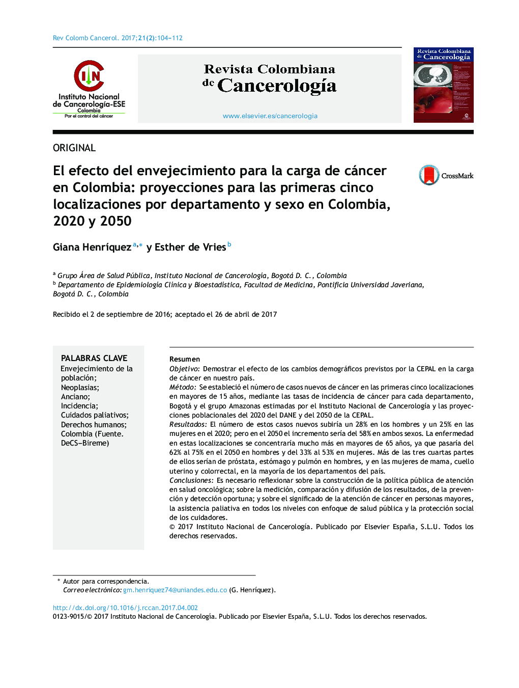 El efecto del envejecimiento para la carga de cáncer en Colombia: proyecciones para las primeras cinco localizaciones por departamento y sexo en Colombia, 2020 y 2050