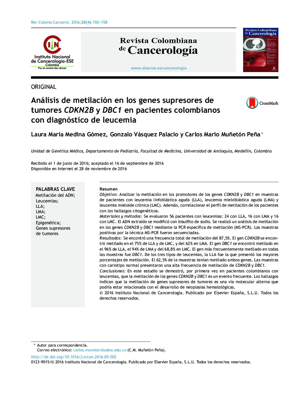 Análisis de metilación en los genes supresores de tumores CDKN2B y DBC1 en pacientes colombianos con diagnóstico de leucemia